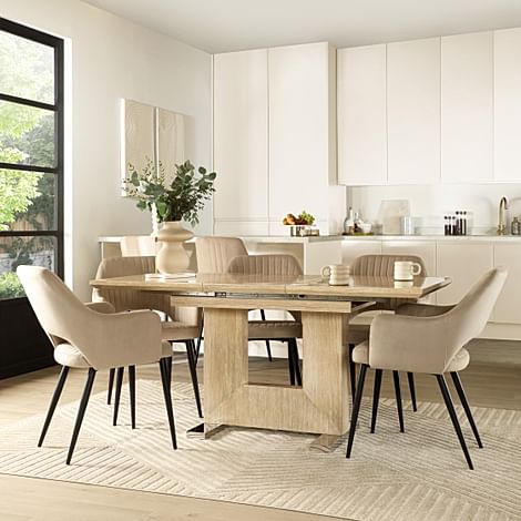 Florence Extending Dining Table & 4 Clara Chairs, Travertine Stone Effect, Champagne Classic Velvet & Black Steel, 120-160cm