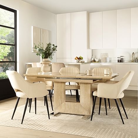 Florence Extending Dining Table & 4 Clara Chairs, Travertine Stone Effect, Ivory Classic Plush Fabric & Black Steel, 120-160cm