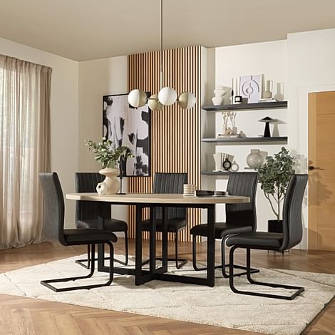 Newbury Oval Table & 6 Perth Chairs, Light Oak Effect, Vintage Grey Classic Faux Leather & Black Steel, 180cm