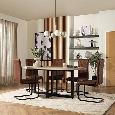 Newbury Oval Table & 4 Perth Chairs, Light Oak Effect, Tan Classic Faux Leather & Black Steel, 180cm