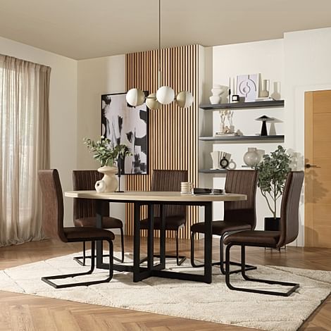 Newbury Oval Table & 6 Perth Chairs, Light Oak Effect, Vintage Brown Classic Faux Leather & Black Steel, 180cm