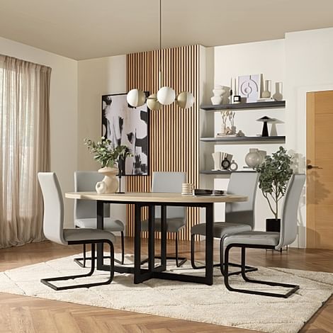 Newbury Oval Table & 4 Perth Chairs, Light Oak Effect, Light Grey Classic Faux Leather & Black Steel, 180cm