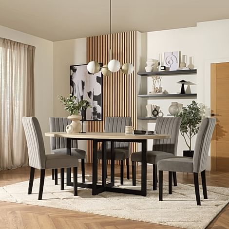 Newbury Oval Table & 4 Salisbury Chairs, Light Oak Effect, Grey Classic Velvet & Black Solid Hardwood, 180cm