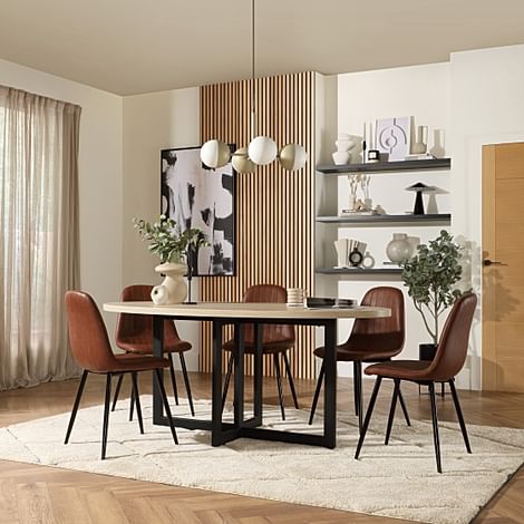 Newbury Oval Table & 4 Brooklyn Chairs, Light Oak Effect, Tan Classic Faux Leather & Black Steel, 180cm