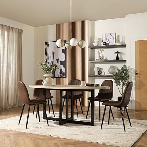 Newbury Oval Table & 4 Brooklyn Chairs, Light Oak Effect, Vintage Brown Classic Faux Leather & Black Steel, 180cm