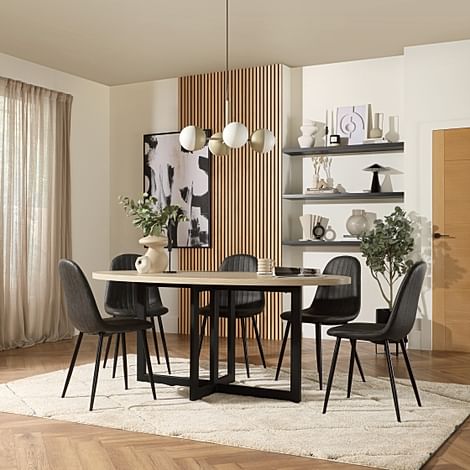 Newbury Oval Table & 4 Brooklyn Chairs, Light Oak Effect, Vintage Grey Classic Faux Leather & Black Steel, 180cm