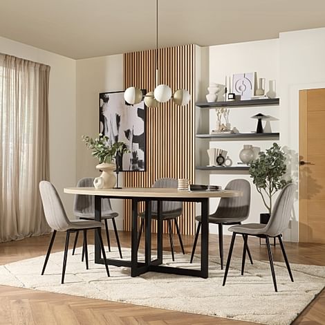 Newbury Oval Table & 4 Brooklyn Chairs, Light Oak Effect, Grey Classic Velvet & Black Steel, 180cm