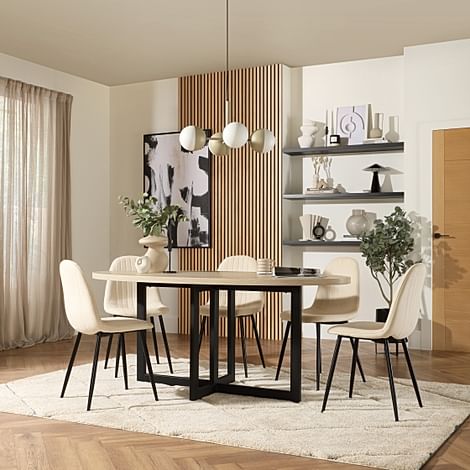 Newbury Oval Table & 6 Brooklyn Chairs, Light Oak Effect, Ivory Classic Plush Fabric & Black Steel, 180cm
