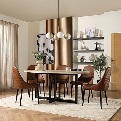 Newbury Oval Table & 4 Ricco Chairs, Light Oak Effect, Tan Premium Faux Leather & Black Steel, 180cm