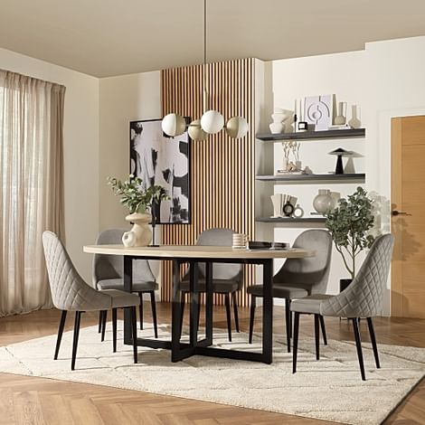 Newbury Oval Table & 6 Ricco Chairs, Light Oak Effect, Grey Classic Velvet & Black Steel, 180cm