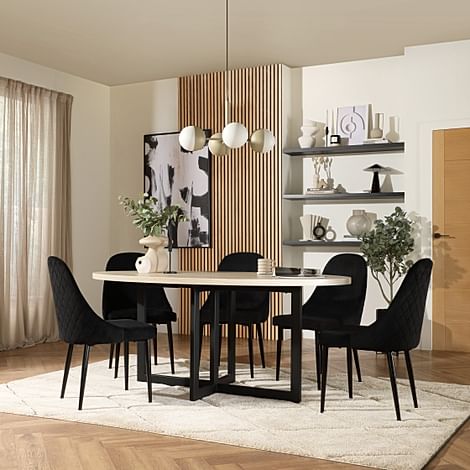 Newbury Oval Table & 4 Ricco Chairs, Light Oak Effect, Black Classic Velvet & Black Steel, 180cm