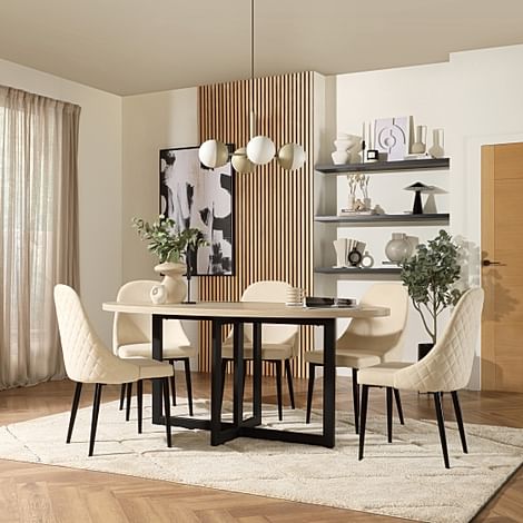 Newbury Oval Table & 4 Ricco Chairs, Light Oak Effect, Ivory Classic Plush Fabric & Black Steel, 180cm