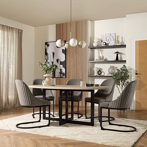 Newbury Oval Light Oak Dining Table & 4 Riva Chairs, Light Oak Effect, Grey Classic Velvet & Black Steel, 180cm
