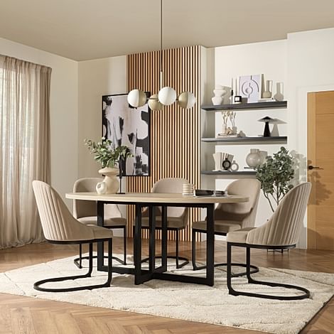 Newbury Oval Light Oak Dining Table & 6 Riva Chairs, Light Oak Effect, Champagne Classic Velvet & Black Steel, 180cm