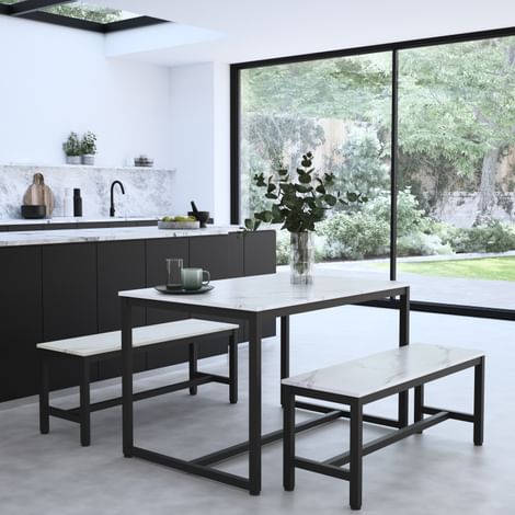 Avenue Dining Table & 2 Benches, White Marble Effect & Black Steel, 120cm