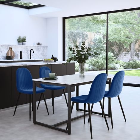 Avenue Dining Table & 4 Brooklyn Chairs, White Marble Effect & Black Steel, Blue Classic Velvet, 120cm