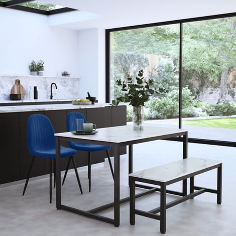 Avenue Dining Table, Bench & 2 Brooklyn Chairs, White Marble Effect & Black Steel, Blue Classic Velvet, 120cm