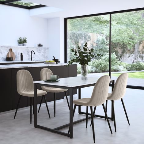 Avenue Dining Table & 4 Brooklyn Chairs, White Marble Effect & Black Steel, Champagne Classic Velvet, 120cm