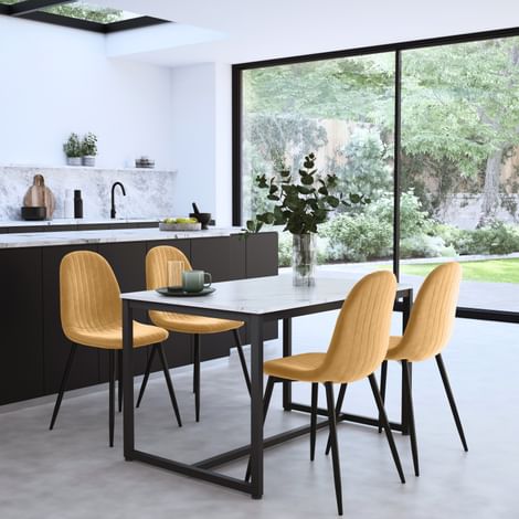 Avenue Dining Table & 4 Brooklyn Chairs, White Marble Effect & Black Steel, Mustard Classic Velvet, 120cm