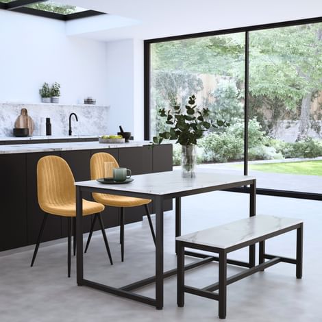 Avenue Dining Table, Bench & 2 Brooklyn Chairs, White Marble Effect & Black Steel, Mustard Classic Velvet, 120cm