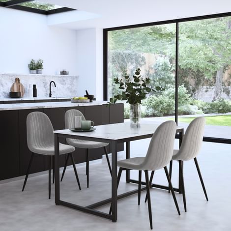 Avenue Dining Table & 4 Brooklyn Chairs, White Marble Effect & Black Steel, Grey Classic Velvet, 120cm