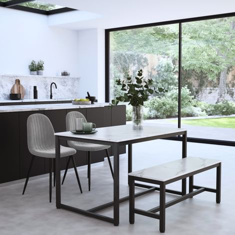 Avenue Dining Table, Bench & 2 Brooklyn Chairs, White Marble Effect & Black Steel, Grey Classic Velvet, 120cm