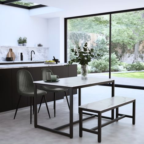 Avenue Dining Table, Bench & 2 Brooklyn Chairs, White Marble Effect & Black Steel, Vintage Grey Classic Faux Leather, 120cm