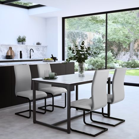 Avenue Dining Table & 4 Perth Chairs, White Marble Effect & Black Steel, Light Grey Classic Faux Leather, 120cm