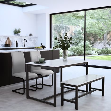 Avenue Dining Table, Bench & 2 Perth Chairs, White Marble Effect & Black Steel, Light Grey Classic Faux Leather, 120cm