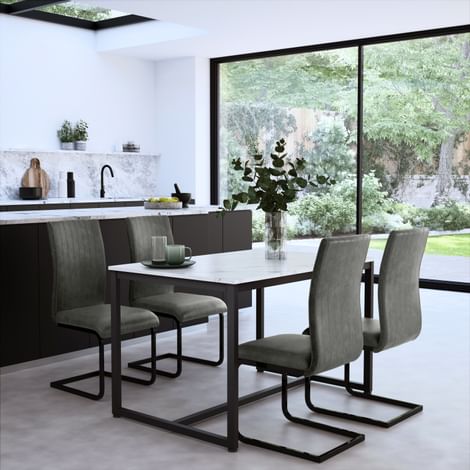 Avenue Dining Table & 4 Perth Chairs, White Marble Effect & Black Steel, Vintage Grey Classic Faux Leather, 120cm