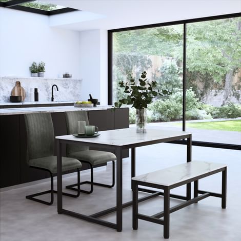 Avenue Dining Table, Bench & 2 Perth Chairs, White Marble Effect & Black Steel, Vintage Grey Classic Faux Leather, 120cm