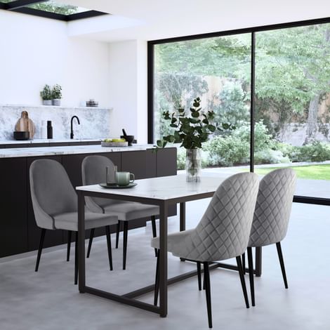 Avenue Dining Table & 4 Ricco Chairs, White Marble Effect & Black Steel, Grey Classic Velvet, 120cm