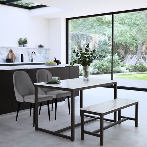 Avenue Dining Table, Bench & 2 Ricco Chairs, White Marble Effect & Black Steel, Grey Classic Velvet, 120cm