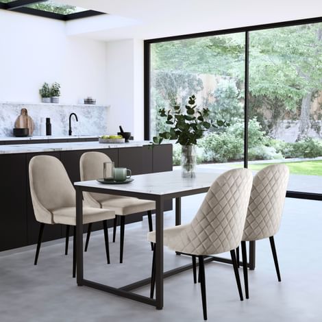 Avenue Dining Table & 4 Ricco Chairs, White Marble Effect & Black Steel, Champagne Classic Velvet, 120cm