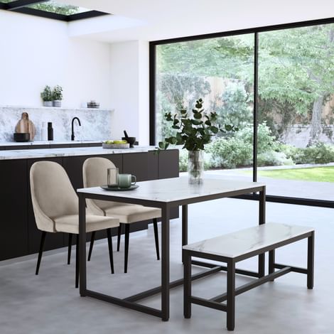 Avenue Dining Table, Bench & 2 Ricco Chairs, White Marble Effect & Black Steel, Champagne Classic Velvet, 120cm