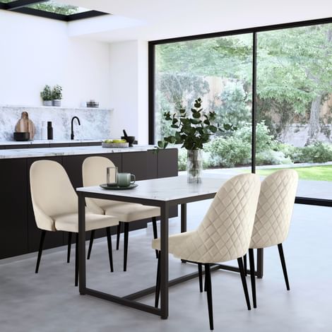 Avenue Dining Table & 4 Ricco Chairs, White Marble Effect & Black Steel, Ivory Classic Plush Fabric, 120cm
