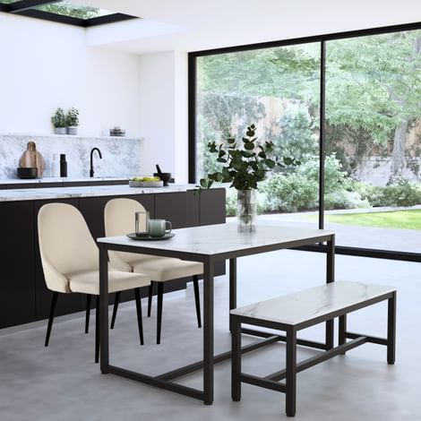 Avenue Dining Table, Bench & 2 Ricco Chairs, White Marble Effect & Black Steel, Ivory Classic Plush Fabric, 120cm