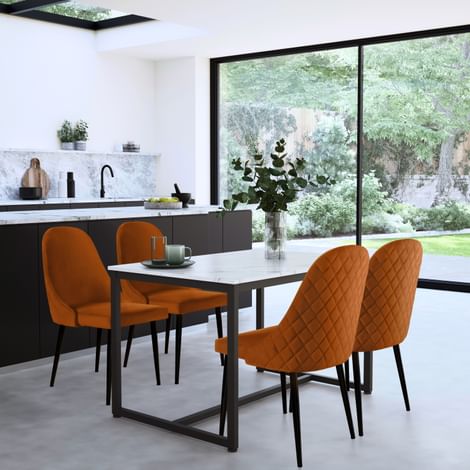 Avenue Dining Table & 4 Ricco Chairs, White Marble Effect & Black Steel, Burnt Orange Classic Velvet, 120cm