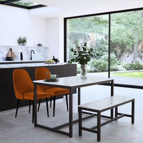 Avenue Dining Table, Bench & 2 Ricco Chairs, White Marble Effect & Black Steel, Burnt Orange Classic Velvet, 120cm