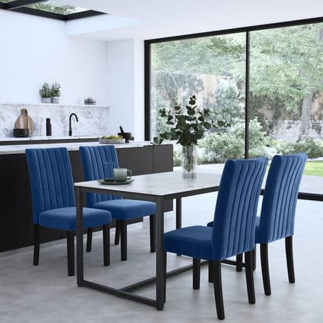 Avenue Dining Table & 4 Salisbury Chairs, White Marble Effect & Black Steel, Blue Classic Velvet & Black Solid Hardwood, 120cm