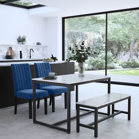 Avenue Dining Table, Bench & 2 Salisbury Chairs, White Marble Effect & Black Steel, Blue Classic Velvet, Black Solid Hardwood, 120cm