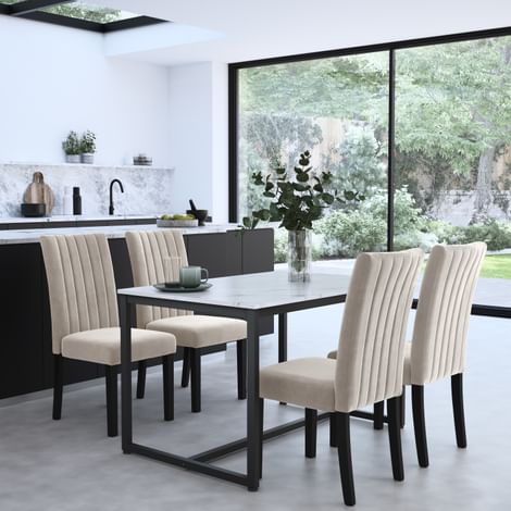 Avenue Dining Table & 4 Salisbury Chairs, White Marble Effect & Black Steel, Champagne Classic Velvet & Black Solid Hardwood, 120cm
