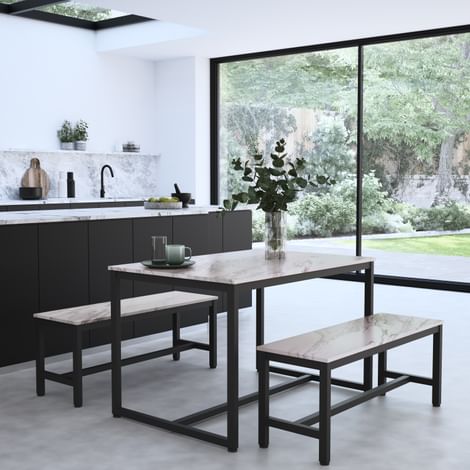 Avenue Dining Table & 2 Benches, Grey Marble Effect & Black Steel, 120cm