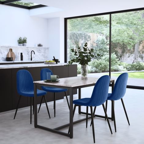 Avenue Dining Table & 4 Brooklyn Chairs, Grey Marble Effect & Black Steel, Blue Classic Velvet, 120cm