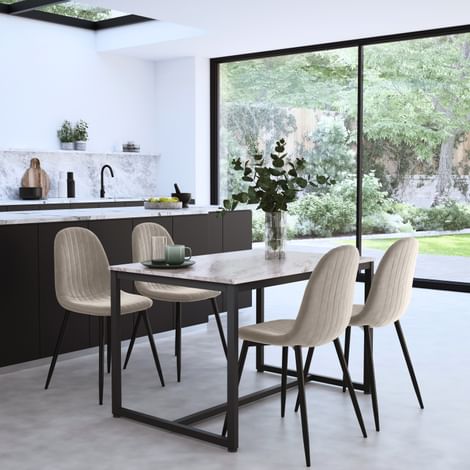 Avenue Dining Table & 4 Brooklyn Chairs, Grey Marble Effect & Black Steel, Champagne Classic Velvet, 120cm