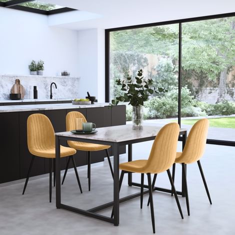 Avenue Dining Table & 4 Brooklyn Chairs, Grey Marble Effect & Black Steel, Mustard Classic Velvet, 120cm