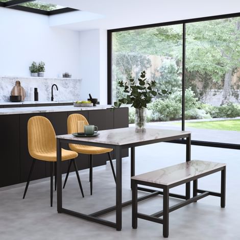 Avenue Dining Table, Bench & 2 Brooklyn Chairs, Grey Marble Effect & Black Steel, Mustard Classic Velvet, 120cm