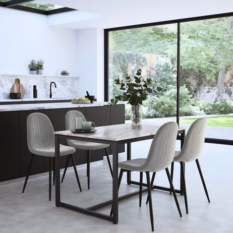 Avenue Dining Table & 4 Brooklyn Chairs, Grey Marble Effect & Black Steel, Grey Classic Velvet, 120cm