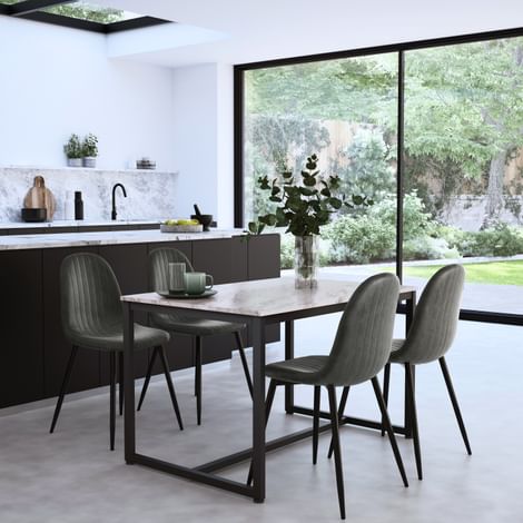 Avenue Dining Table & 4 Brooklyn Chairs, Grey Marble Effect & Black Steel, Vintage Grey Classic Faux Leather, 120cm