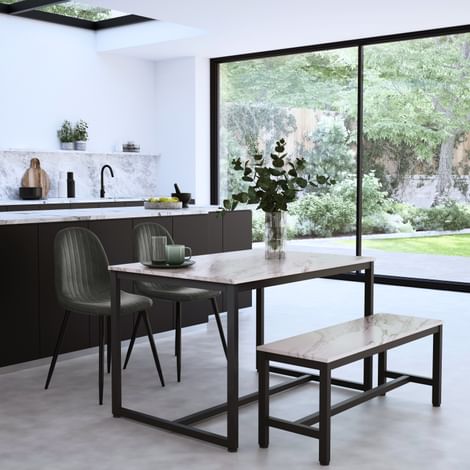 Avenue Dining Table, Bench & 2 Brooklyn Chairs, Grey Marble Effect & Black Steel, Vintage Grey Classic Faux Leather, 120cm